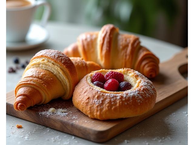 갓 구운 황금빛 크루아상과 데니쉬 페이스트리가 접시에 놓여있는 모습