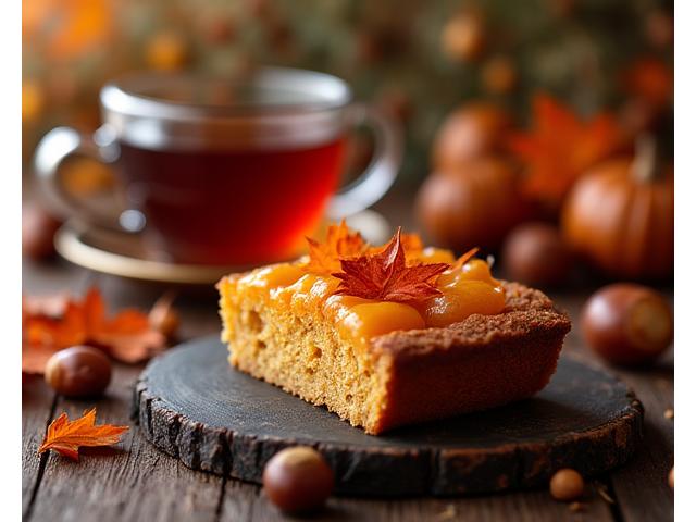 단풍 잎사귀와 어우러진 따뜻한 밤 타르트