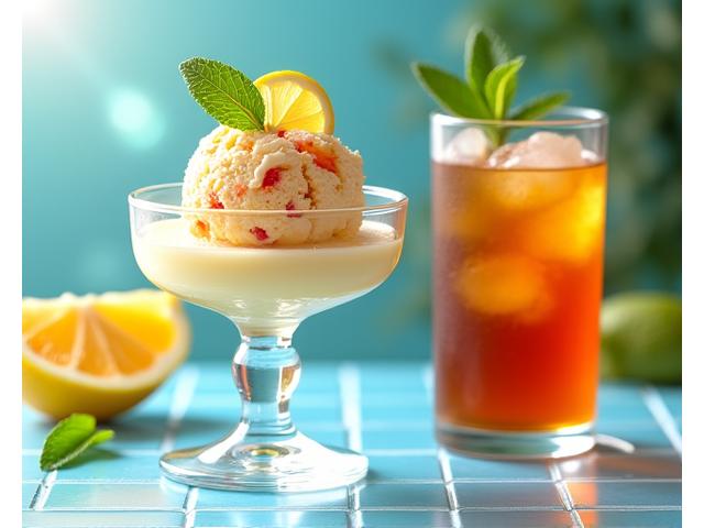 시원한 아이스크림 케이크와 레몬 슬라이스가 여름 느낌을 주는 이미지