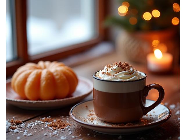 따뜻한 코코아와 함께 놓인 크리스마스 테마의 구움과자