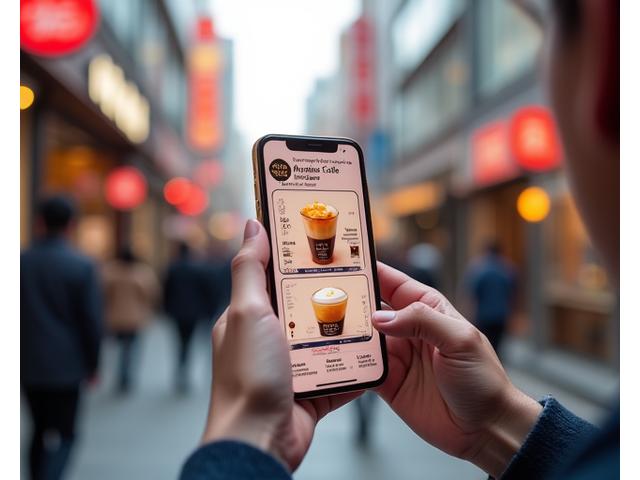 스마트폰으로 카페 비사전 주문 앱을 사용하는 모습