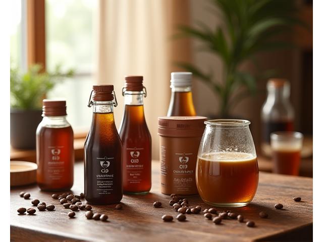 다양한 종류의 RTD 커피 병과 캔이 나무 테이블 위에 놓여 있는 모습