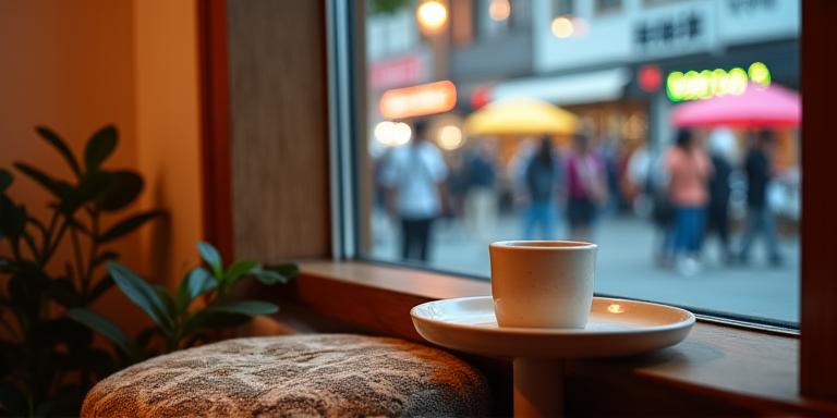 창가 옆 아늑한 좌석과 커피