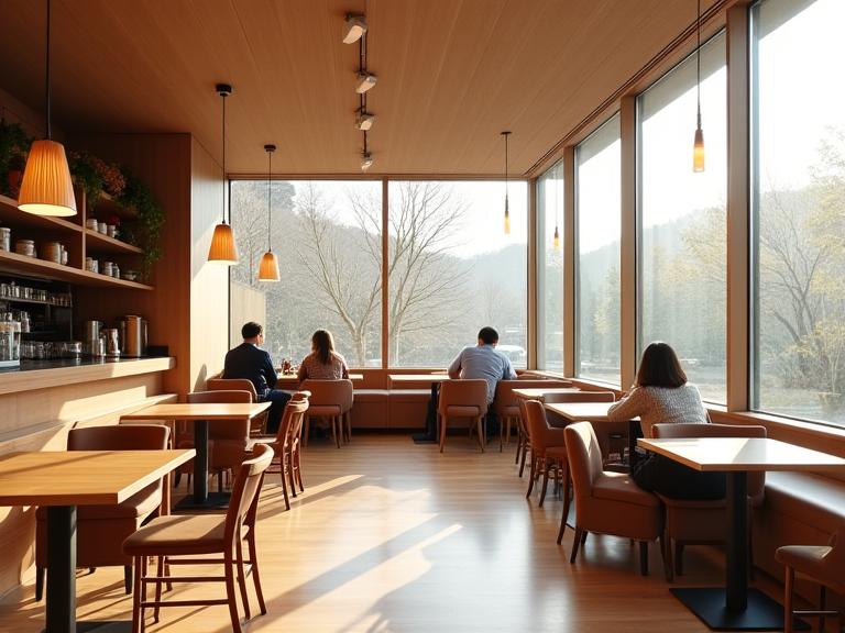 자연광이 가득한 모던하고 아늑한 카페 내부 모습