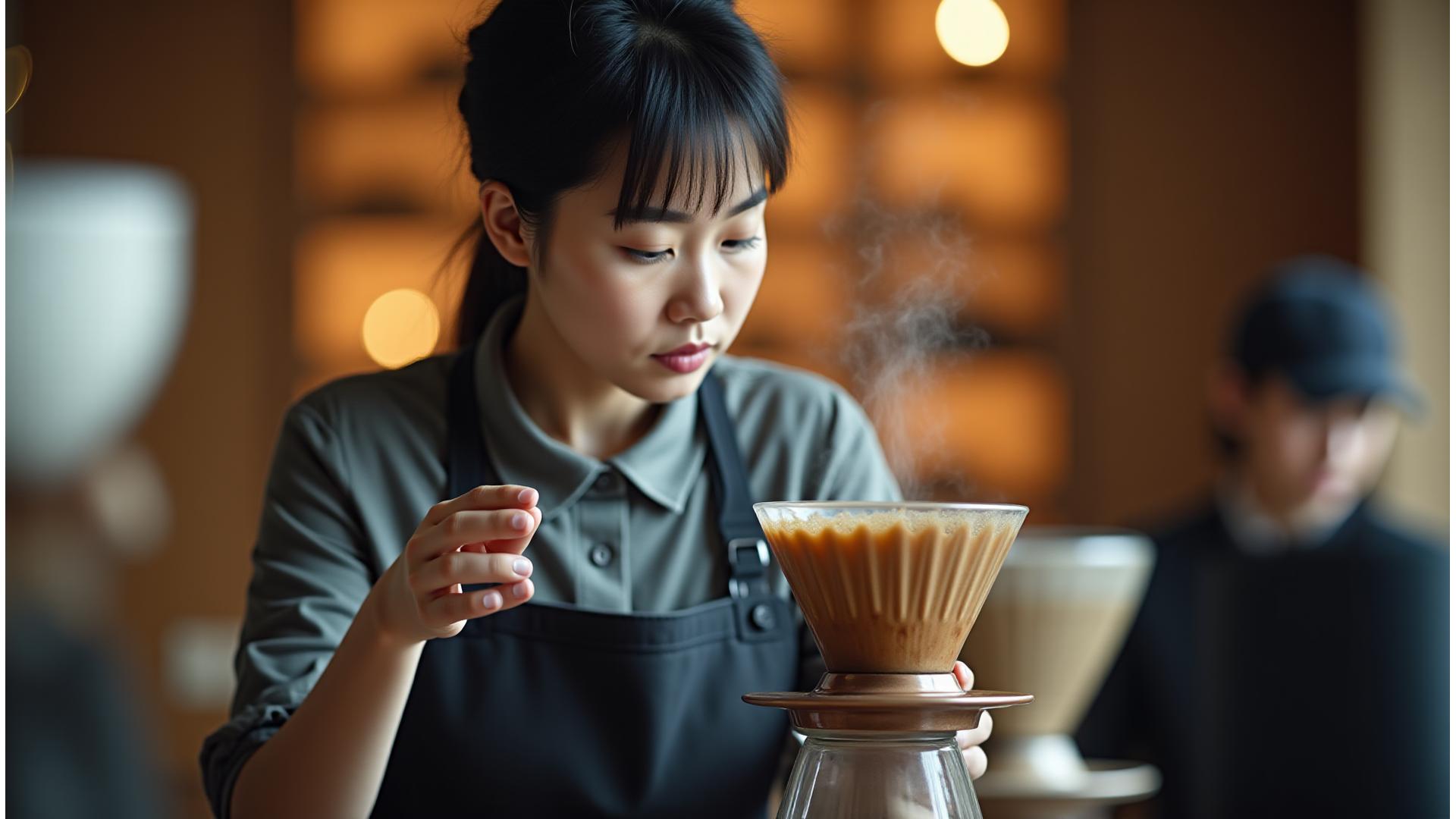 전문 바리스타가 섬세하게 커피를 추출하는 모습