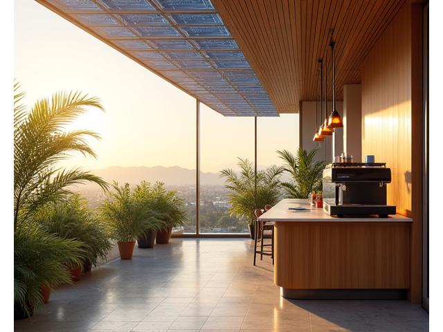 카페 건물 지붕에 설치된 태양광 패널과 에너지 절약 장비